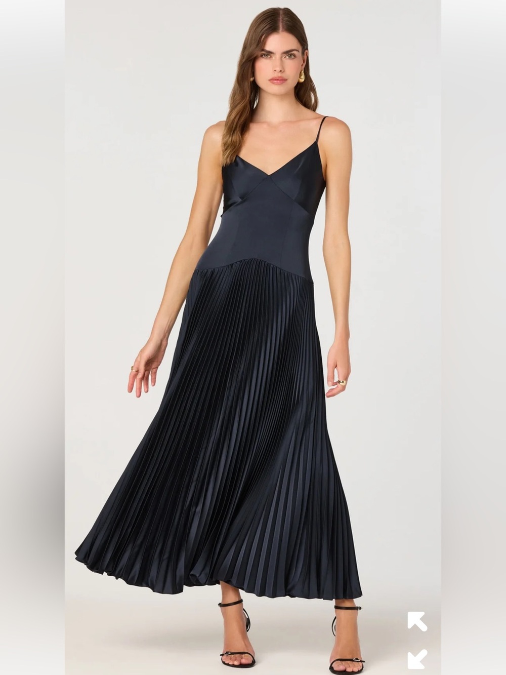 Navy pleated drop waist satin maxi dress